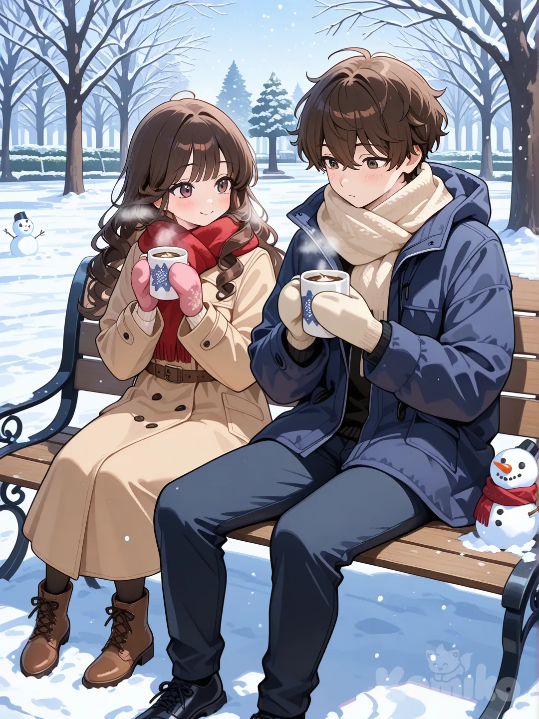 1 boy, curly hair, 1 girl long brown hair, winter clothes, sitting on park bench, holding hot cocoa watching the snow fall, with snowman