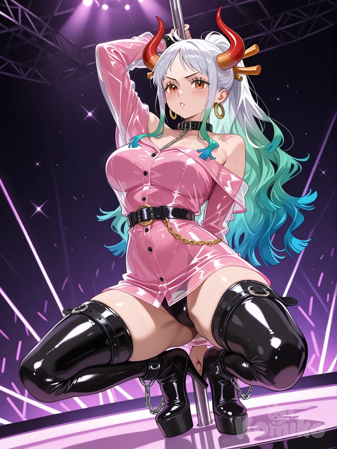 @Yamato_(One Piece) en pvc latex raincoat ceinturé attachés à une bare de poll dance dénudé au niveau des épaules attachés avec des chaines au cou mais et aux jambes .Fait en sorte qu'elle est des bottes en pvc latex haute