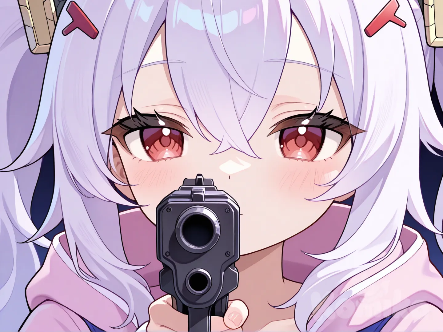 @Laffey_(Azur_Lane), holding gun, hoodie, closeup