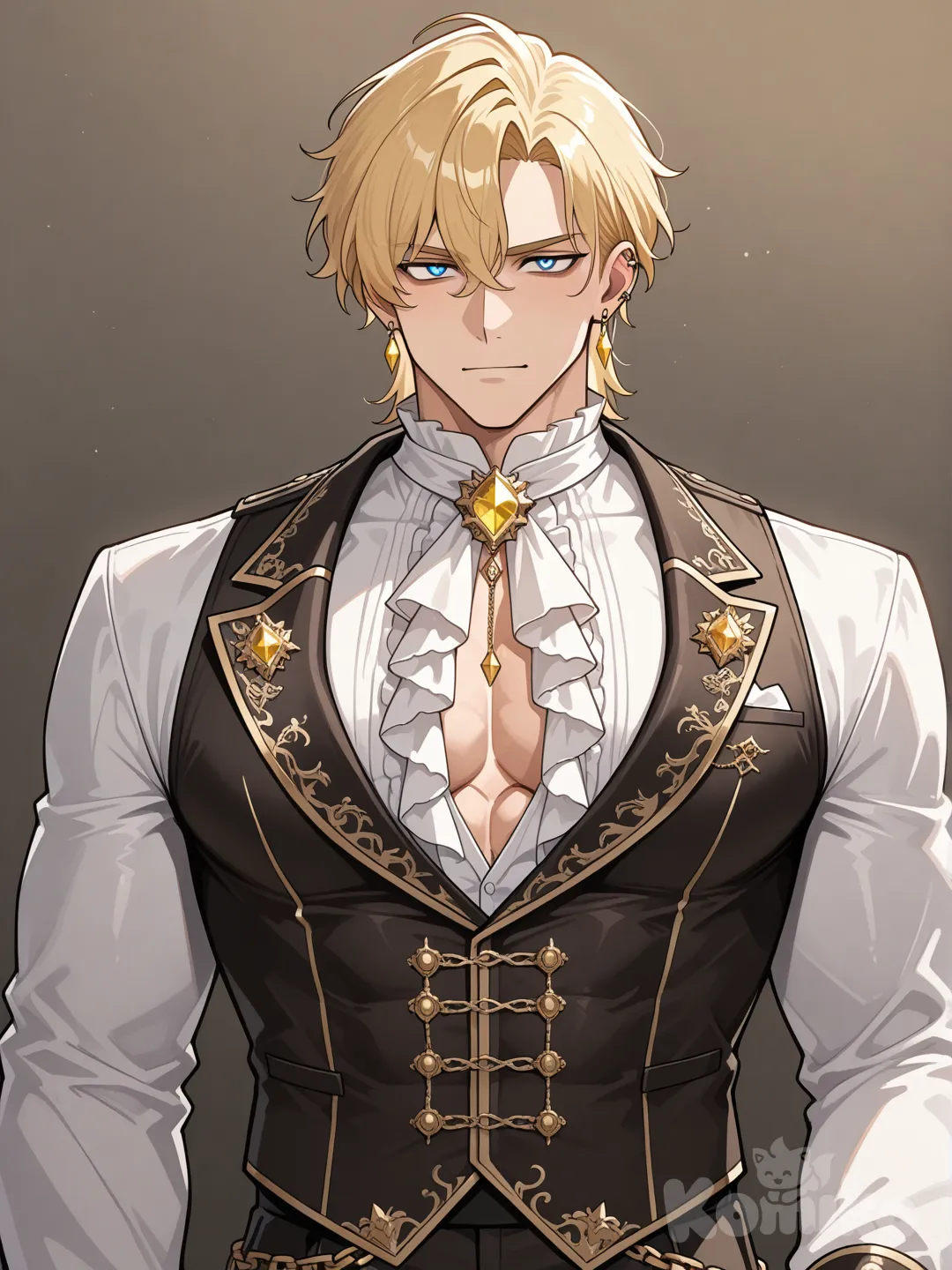 The man has a small diamond pierced on the nobleman outfit, Wearing a gold chain hanging on the waist, Buff body. So handsome.