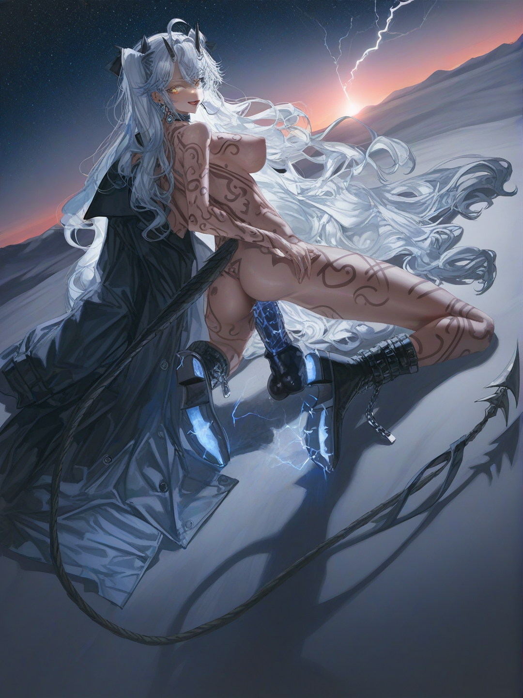 full body,hard sex,nue ,sexe qui mouille,demon girl cornes sur la tete,soumise,très sexy,mince, lèvre bouche très très pulpeuse,cheveux très long ondulés, couleur bleue clair,yeux jaune et bleue brillant, corps bronzé , légèrement musclé,très sexy,jolie gros seins ,très gros tétons , 1 fines longues queues noire fixé le bas du dos ,entièrement tatoué black tribal,le dos tatoué,jambes tatoué, bras avant bras tatoué,fesses tatoué bottes sexy a lanières,chaînes au poignés , des éclairs sortent de ses mains et sous ses bottes des éclairs jaillissent,elle porte un manteau troué en dentelle ,un grand et vieux dragons est juste derrière son regard menaçant , beaucoup d'éclair de tonnerre dans le ciel , illuminé,hd, jolie couché de soleil,close up,close up, earrings, choker, evil smile, open mouth, shocked, looking at viewer, cinematic lighting, starry sky, cosmic background, snowy, elle montre son dos et ses fesses,jambes légèrement écarté , pénétration du vagin dragons sextoy, closeup, front profile photo, [soft-light-illustration-style]