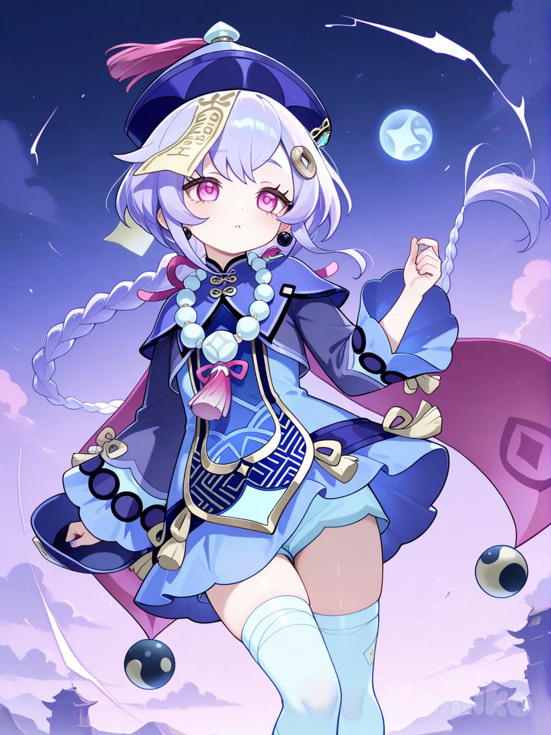 @Qiqi_(Genshin_Impact) holding hat against strong wind perfect details