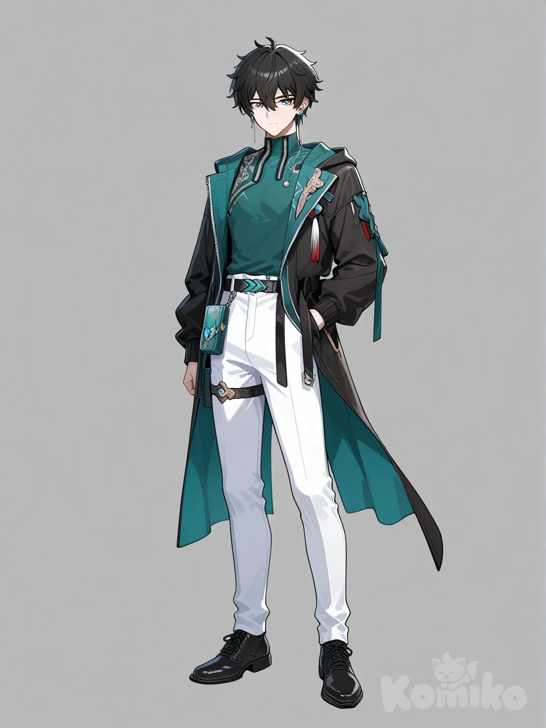 @Dan_Heng_(Honkai:Star_Rail) wearing a black jacket green shirt white pants