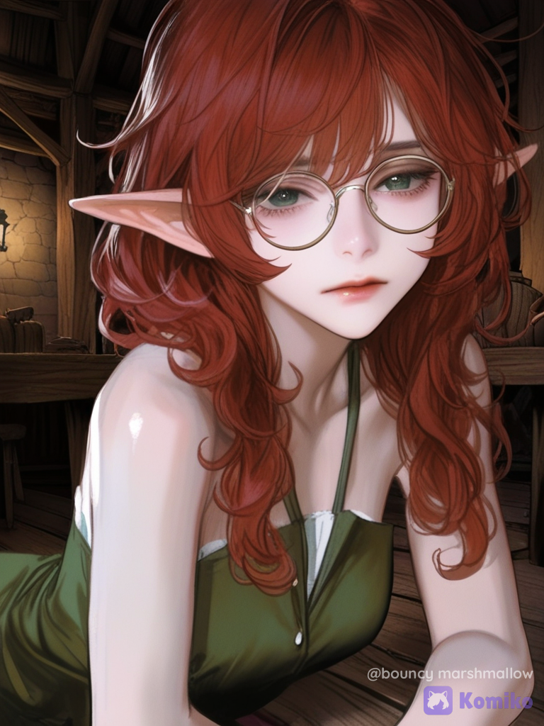[semi-realistic-portrait-style], @ella-Zlow, 2people, 1girl, elven outfit, royal outfit, flower crown, messy hair, mary jane shoes, firelight, tavern, ruins, full body, disappointed, leaning back