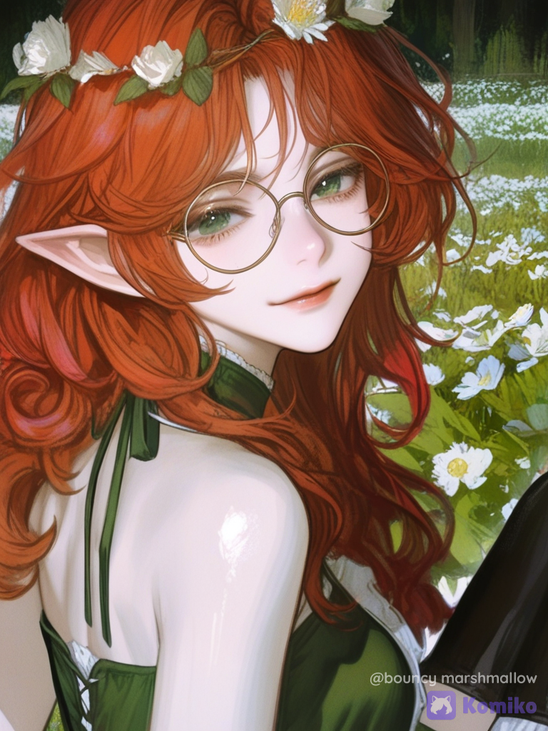 [semi-realistic-portrait-style], 1girl, smirk, victorian blouse, high-waist skirt, ruffles, thigh-high boots, stockings, khaki, full body, golden hour, flower field, @ella-Zlow, flower crown, glasses