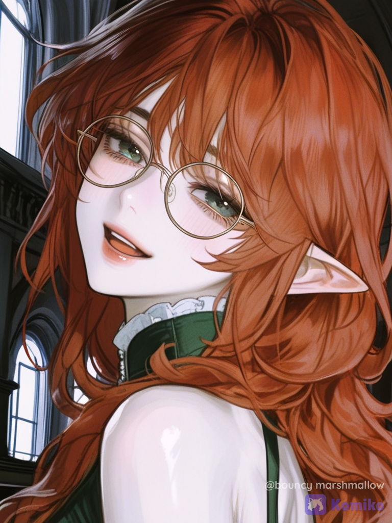 [semi-realistic-portrait-style], 1girl, victorian blouse, high-waist skirt, ruffles, @ella-Zlow, glasses, portrait, church, cinematic lighting, laughing, elven outfit, royal outfit, lolita outfit, mary jane shoes, burgundy, loose hair, messy hair, jewelry