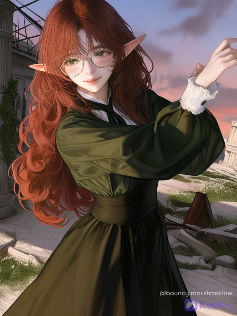 [semi-realistic-portrait-style], 1girl, high-waist skirt, ruffles, @ella-Zlow, glasses, portrait, elven outfit, royal outfit, mary jane shoes, burgundy, loose hair, messy hair, jewelry, dancing, blush, smile, full body, ruins, twilight