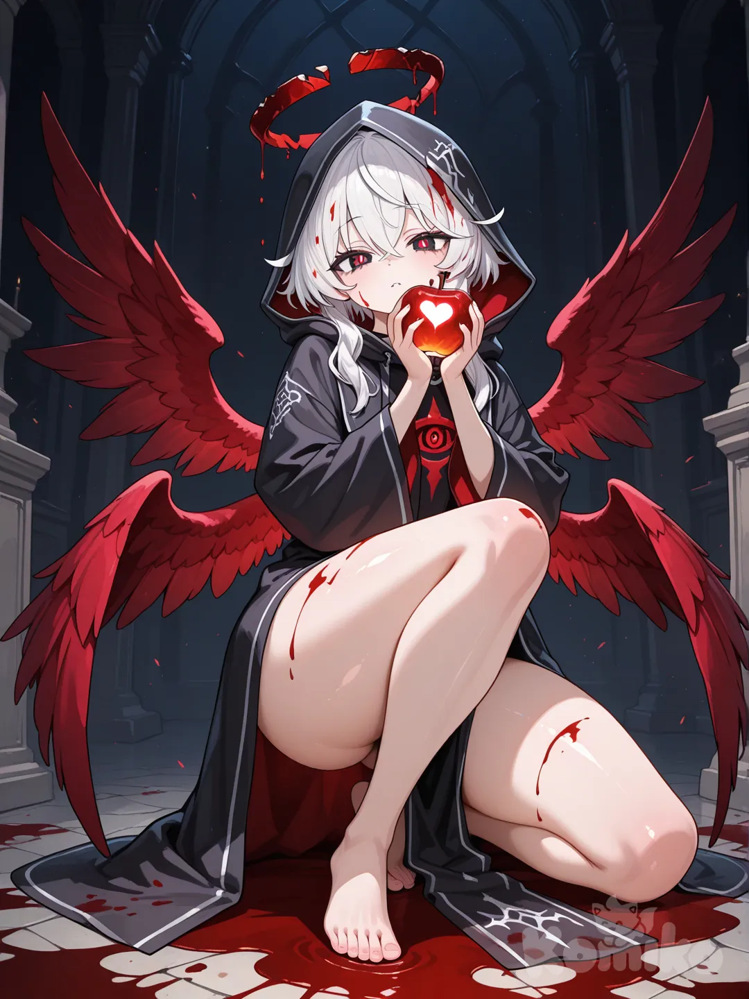 pequeña adolescente de 15 años 1,40 metros de alo halo angelical roto, seis alas rojas de angel, ropa de cultista y con sangre, pelo blanco con machas rojas piel brillante, sensual, muslos anchos, gluteos grandes, adolescente, bajita, ojo de agamoto, fruto de el eden futurista en la mano, de frente, ropa que tape todo el cuerp