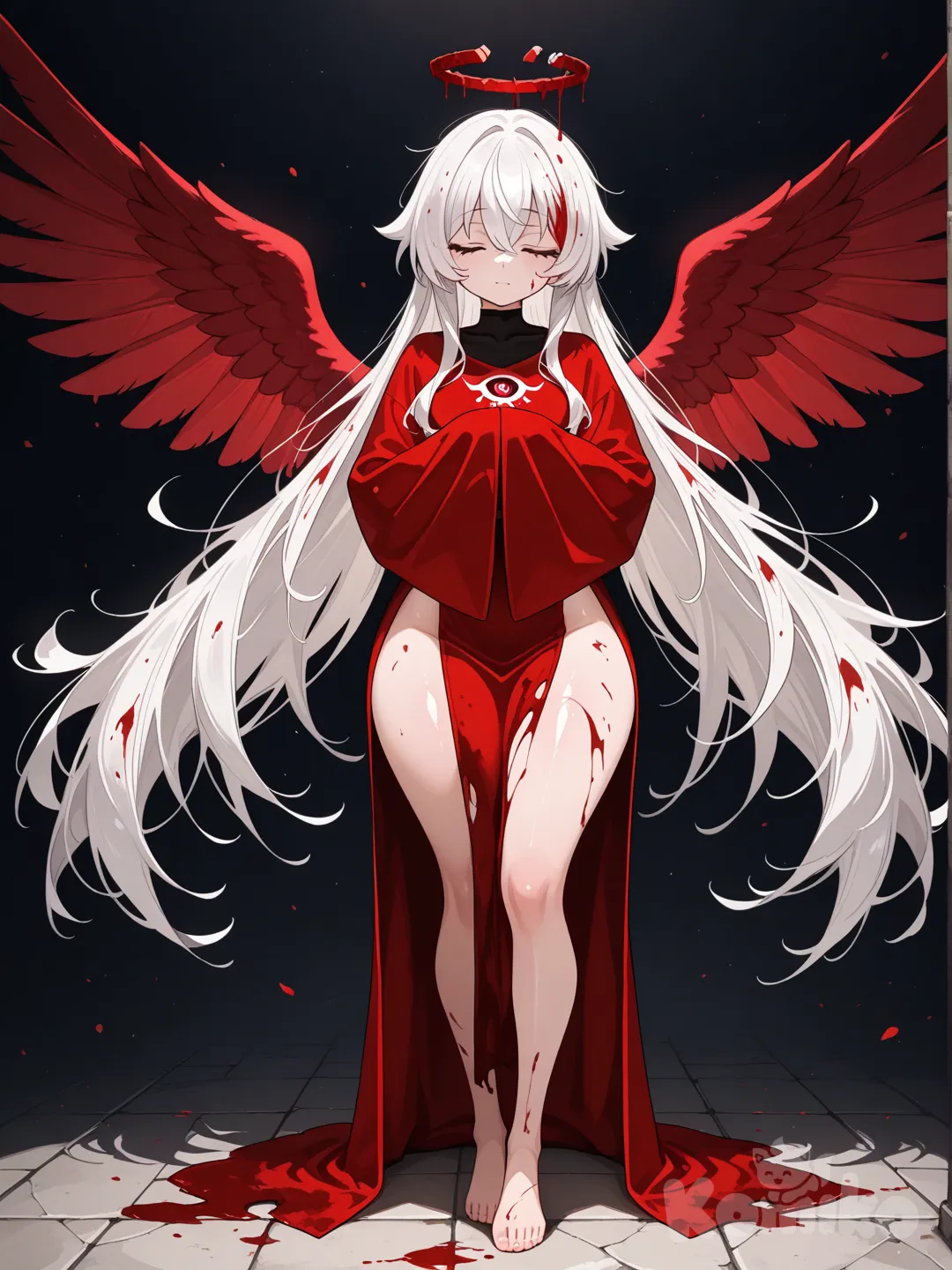 pequeña adolescente de 15 años 1,60 metros de alo halo angelical roto, seis alas rojas de angel, ropa de cultista y con sangre, pelo blanco con machas rojas piel brillante, sensual, muslos anchos, gluteos grandes, adolescente, bajita, ojo de agamoto, de frente, ropa que tape todo el cuerpo, ropa larga, descalza, ocho alas
