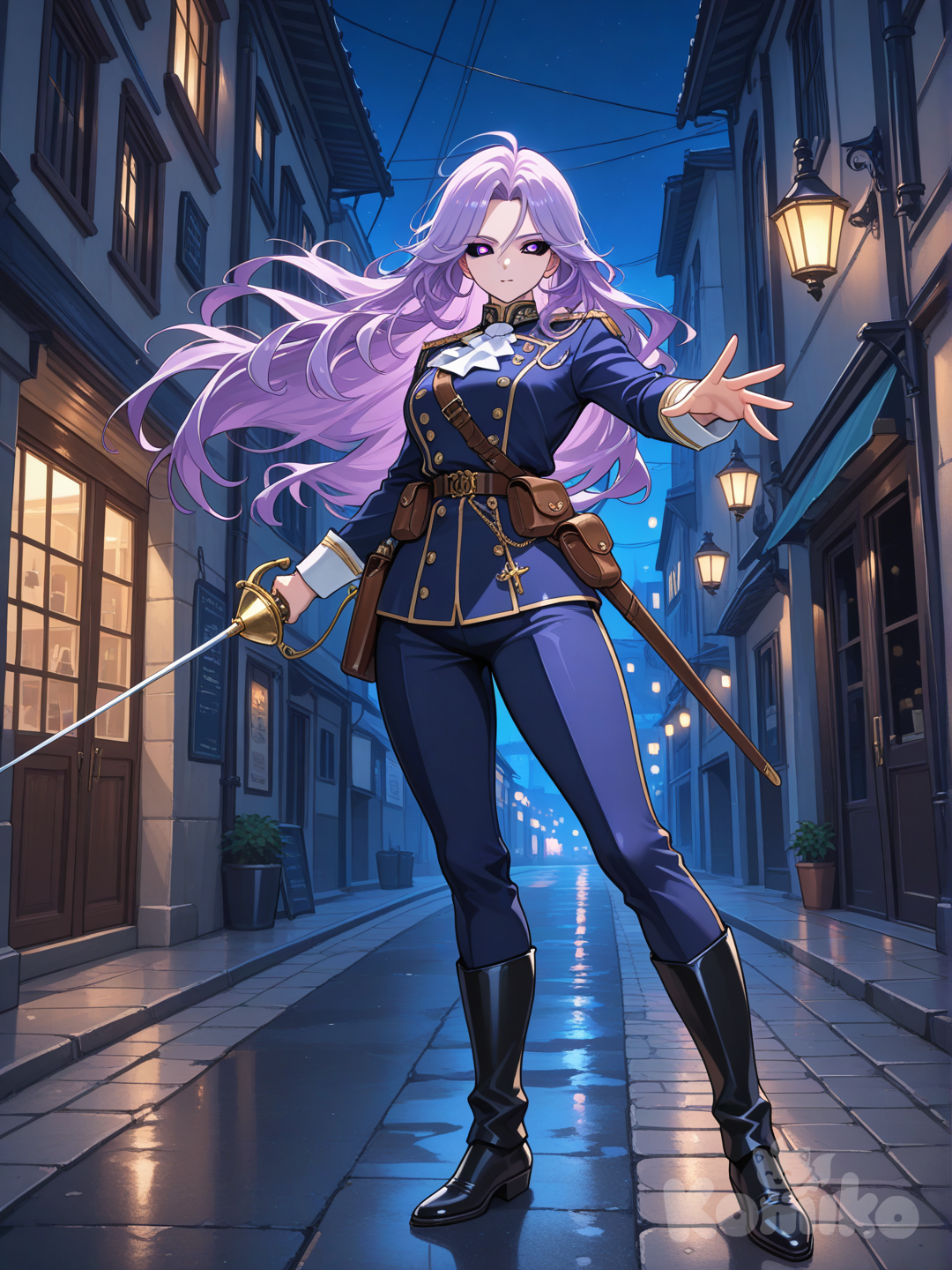 personaje femenino adolescente con ropa duelista , rapier frances de oficial, pelo morado, fisico delgado, 16 años, frascos de veneno colgando de la ropa, curvilinea, cuerpo completo, ojos negros al completo con detalles morados, calle japonesa, bolsas con polvora en la cintura, pelo largo,elegante, agil,ropa antigua,1904