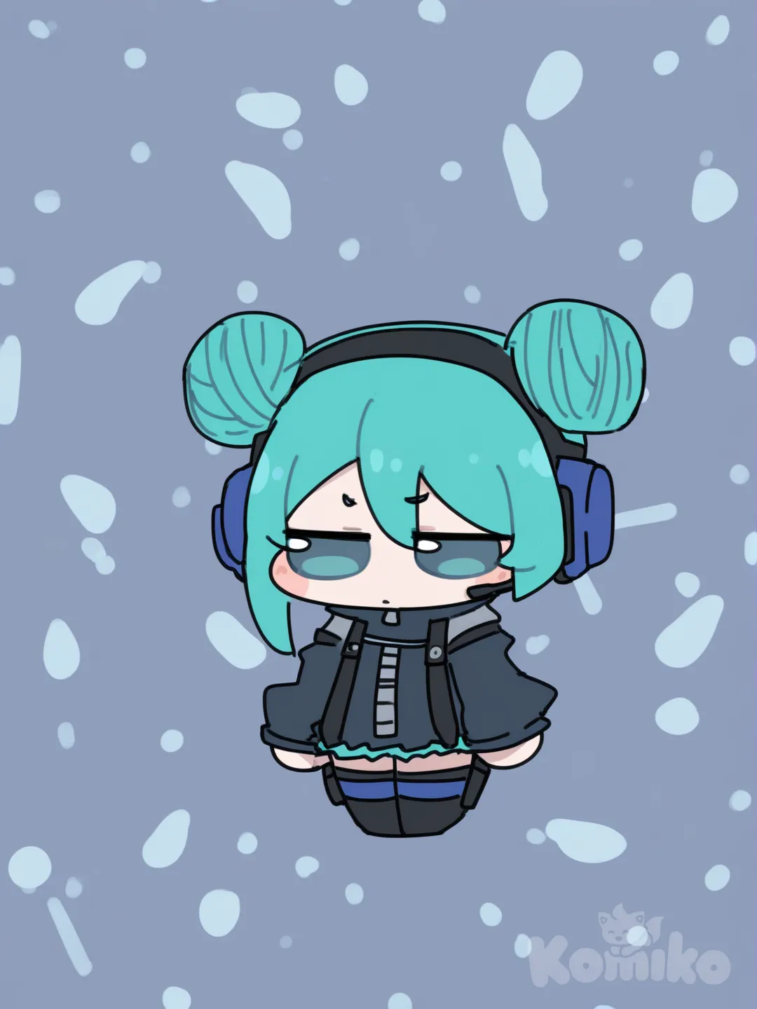 1girl, anime coloring, [soft-chibi-style], little black dress, headphones, double s, bun, double buns, navy blue, klein blue