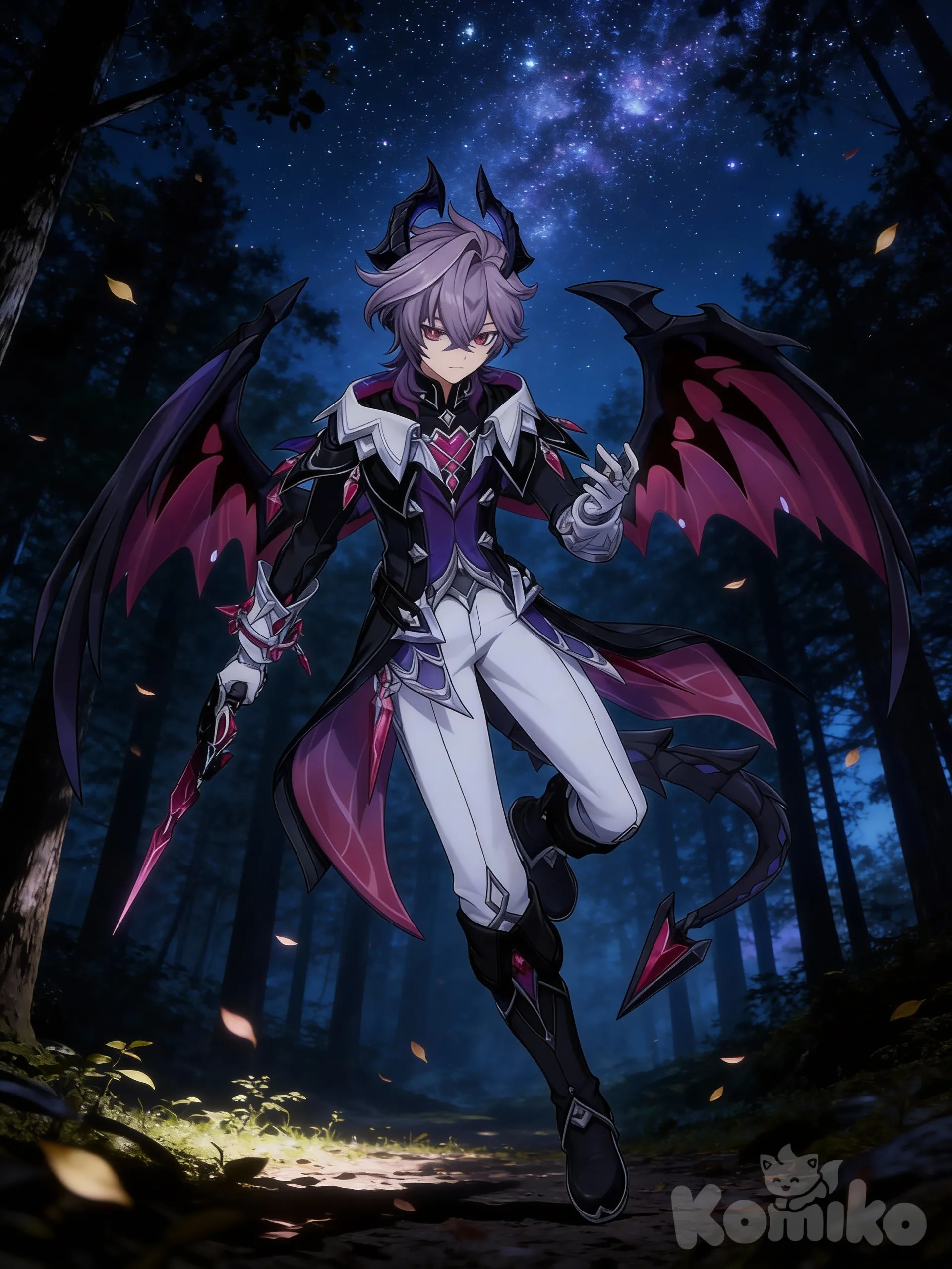 @Durin, cinematic lighting, night, forest, leaves falling, starry sky