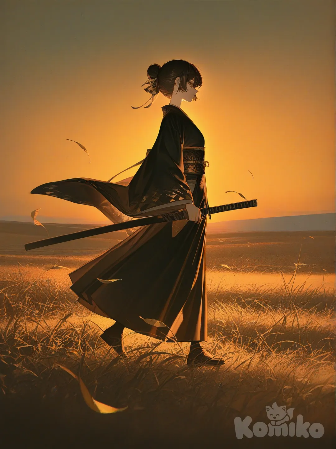 1girl, [high-contrast-glossy-style], long sleeves kimono samurai dress, samurai hair bun, holding sword, cinematic lighting, grassland, leaves falling, sunset in the background as she walked, side face body