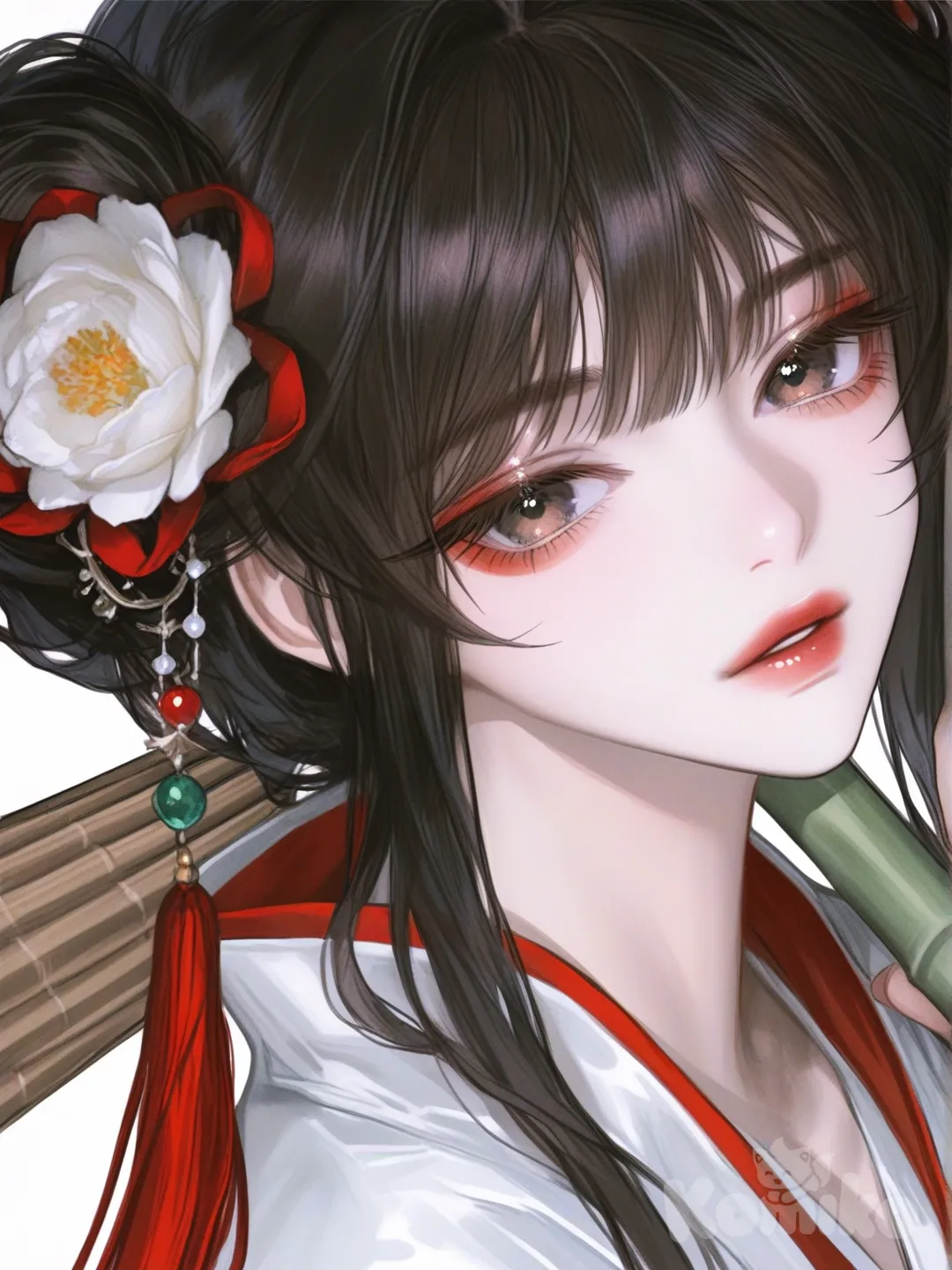 1girl, [semi-realistic-portrait-style], high-quality 3d hyper-realistic girl, wearing traditional ancient makeup of Chinese tradition looking at viewer, holding a bamboo umbrella, with a flower on her hair bun