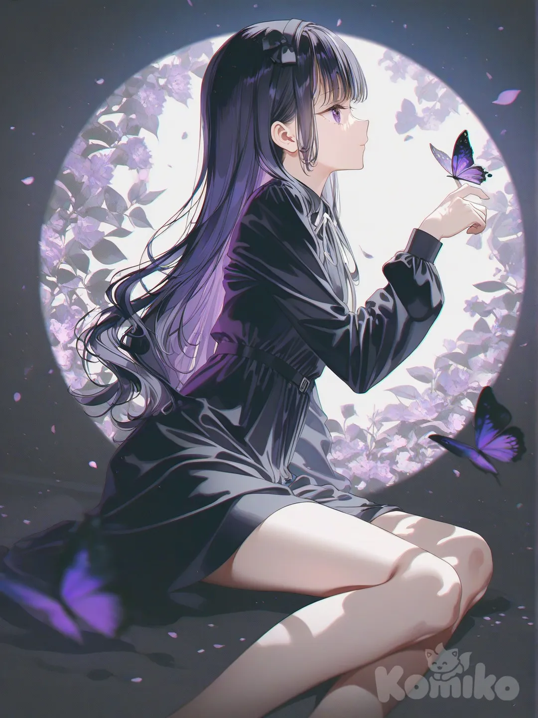 @mizuki-tsuba-rZct, wearing a long sleeve black winter dress, [iridescent-style], sitting on the ground, portrait, side profile photo, cinematic lighting, leaves falling, flower field, a crystal purplished butterfly on her fingertips, watching it and smiling peacefully