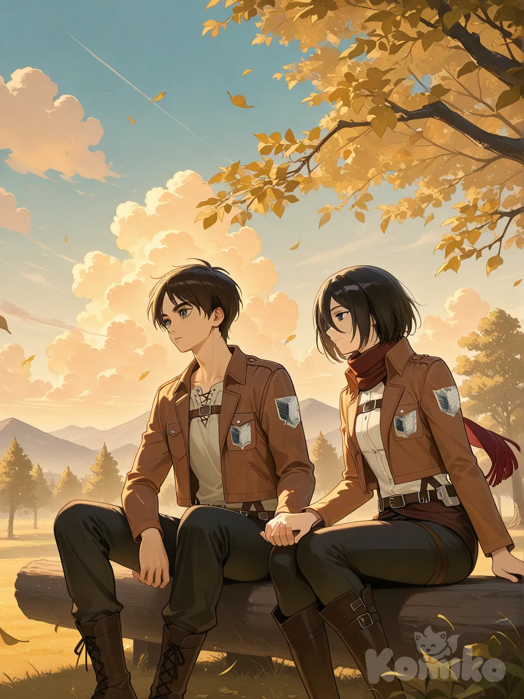 @Mikasa_Ackerman, @Eren_Yeager, sitting in tree, holding hands, cinematic lighting, day, blue sky, leaves falling, cloud