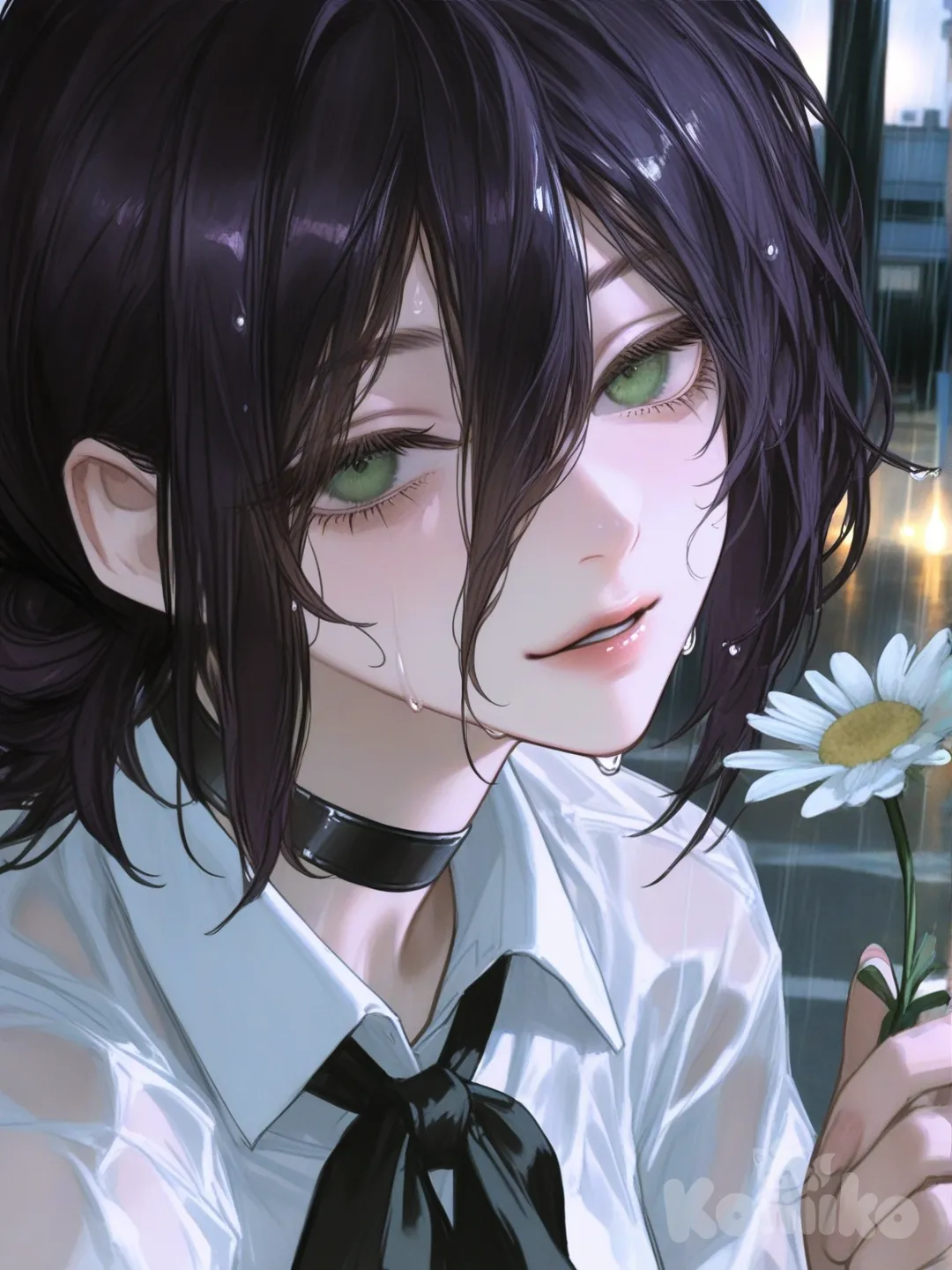 Reze (Chainsaw Man), [semi-realistic-portrait-style], smile, cinematic lighting, flower , rainy, evening street, holding a daisy flower, smiling at viewer