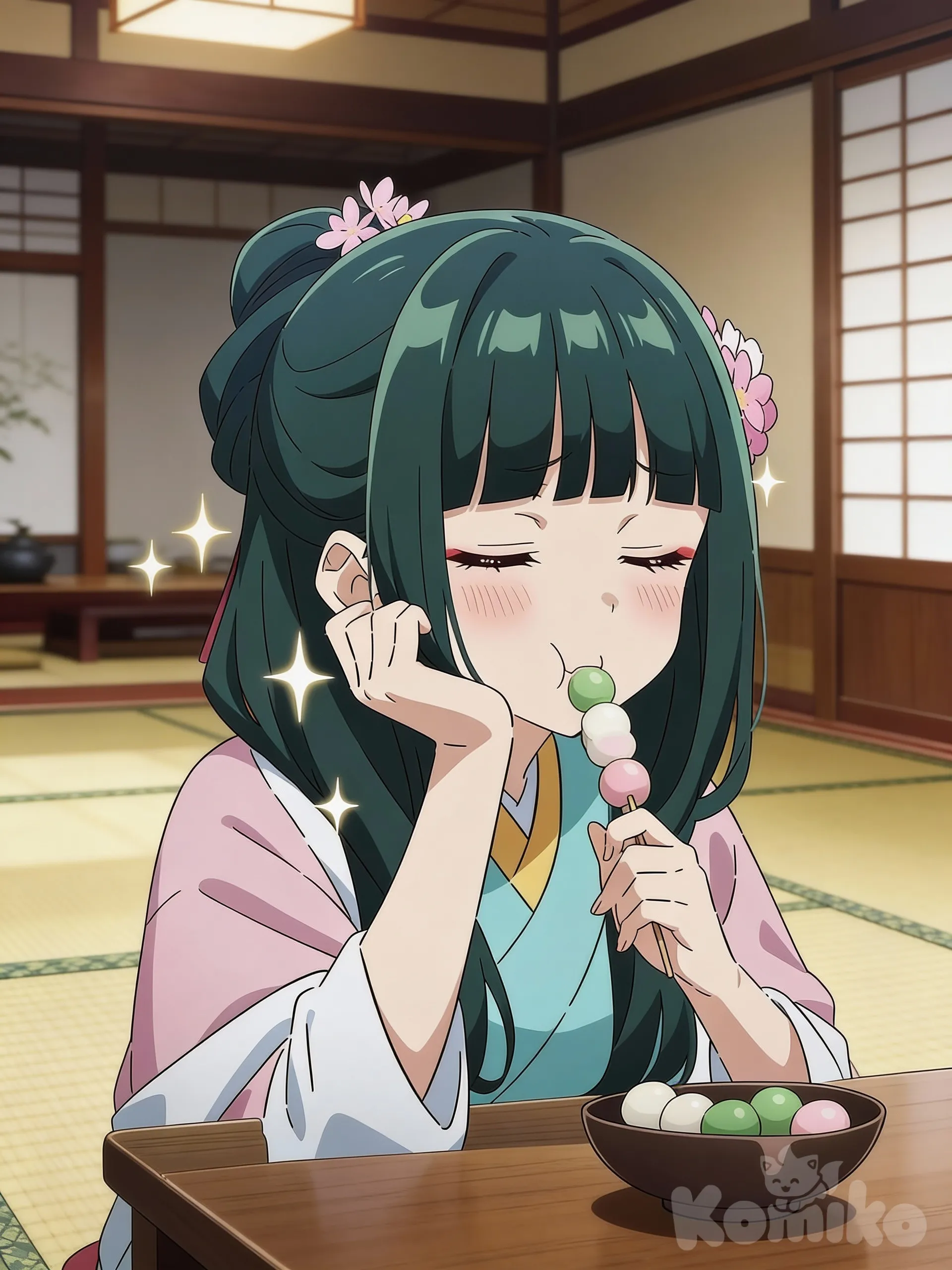 Anime-style illustration of a cute young girl sitting indoors at a traditional Japanese teahouse. She has long dark teal hair with straight bangs, styled partly up with small pink cherry blossom hair ornaments. Her eyes are closed with a soft, satisfied expression, cheeks puffed slightly as she eats a pastel-colored dango skewer (green, pink, and white). She rests her cheek on one hand, conveying a relaxed, cozy mood. She wears a light pastel kimono with soft pink sleeves and a teal inner layer. A small bowl of dango sits on the wooden table in front of her. Warm natural lighting, soft sparkles around her to emphasize cuteness, anime linework, smooth shading, vibrant yet gentle color palette, high-quality anime art, shallow depth of field, cozy atmosphere.