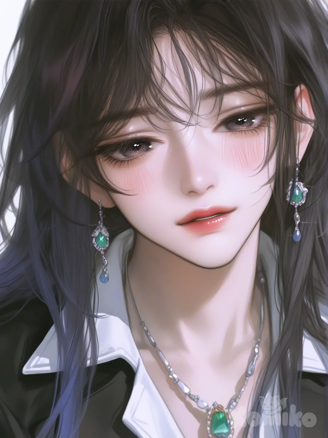 A beautiful otome game heroine, realistic anime style, soft yet facial features, expressive almond-shaped eyes with glossy highlights, natural blush, delicate nose and lips, elegant and refined beauty. Long flowing hair with subtle gradients and shine, gently moving in the breeze. Wearing a stylish modern outfit with romantic details (tailored coat, ribbon accents, fine jewelry). Calm, confident expression with a hint of mystery. Cinematic lighting, shallow depth of field, ultra-skin texture, semi-realistic rendering. Soft pastel color palette mixed with warm light, dreamy atmosphere. High-end visual novel illustration, quality, highly polished, clean linework, painterly realism., [semi-realistic-portrait-style]