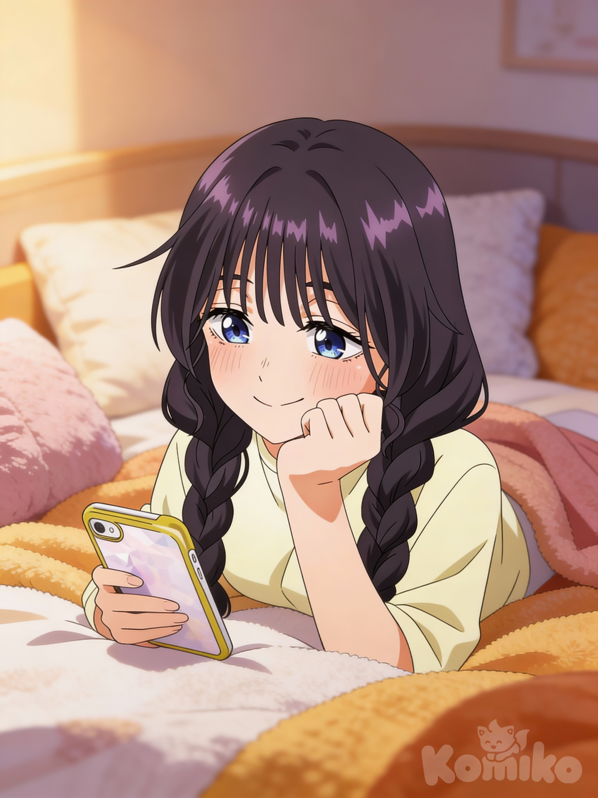 A cute anime-style girl with long dark purple-black hair in twin braids and straight bangs, large sparkling blue eyes, and soft blushing cheeks. She rests her chin on her hand while smiling shyly, giving a gentle and affectionate expression. She wears a light pastel yellow top and is sitting indoors, holding a smartphone with a yellow case. The lighting is warm and soft, with a cozy bedroom background and shallow depth of field. Highly anime illustration, smooth shading, soft color palette, clean lineart, wholesome and cozy atmosphere, high resolution.