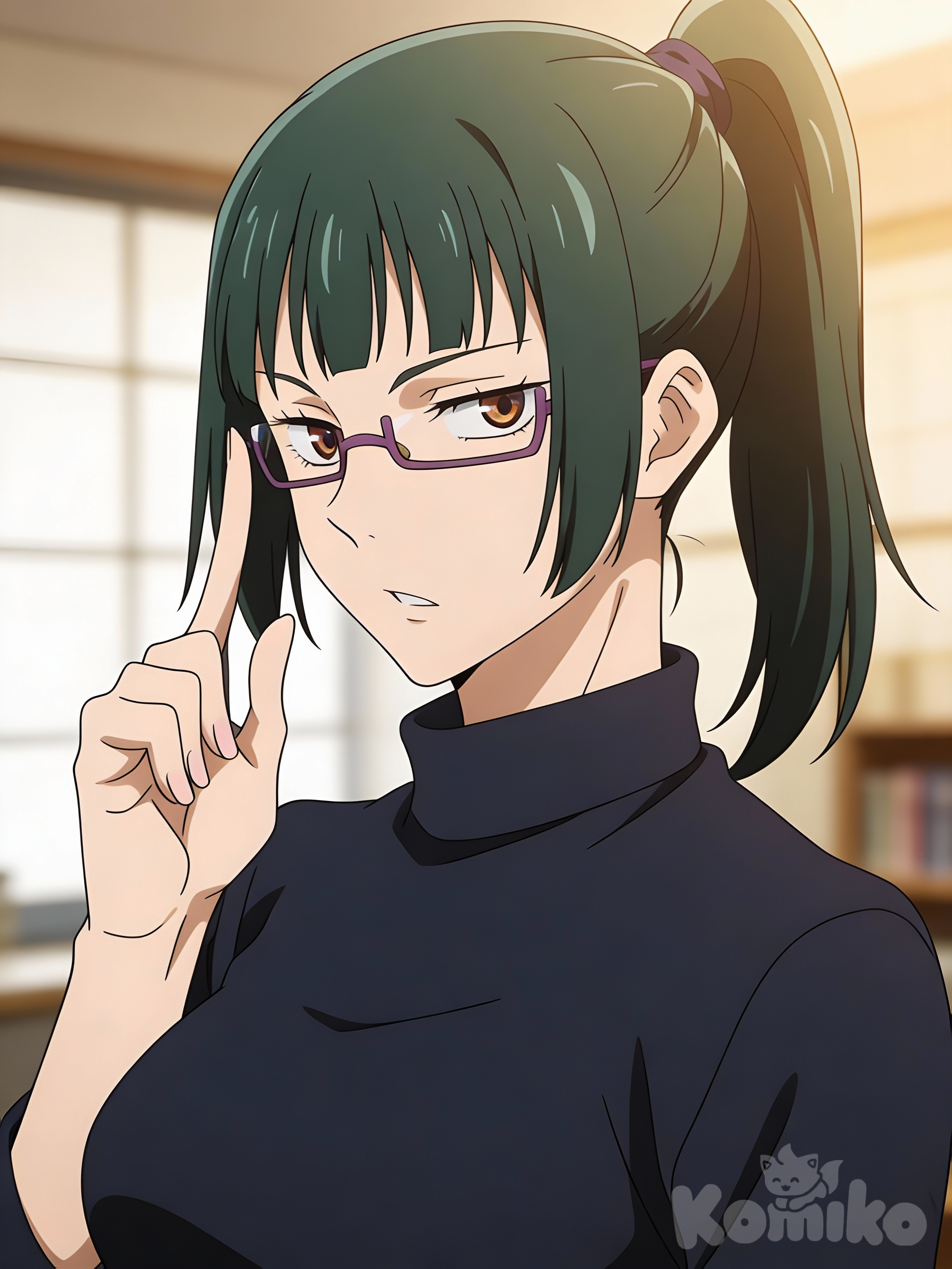 Anime-style portrait of a Maki zenin serious-looking woman with dark green hair tied in a high ponytail, straight bangs framing her face. She wears rectangular purple glasses and a dark navy turtleneck sweater. Slim build, calm and intelligent expression, slightly narrowed brown eyes. One hand raised with index finger touching her temple as if thinking. Indoor setting with soft lighting and blurred window panels in the background. Clean line art, smooth shading, eyes, modern anime aesthetic, high resolution.
