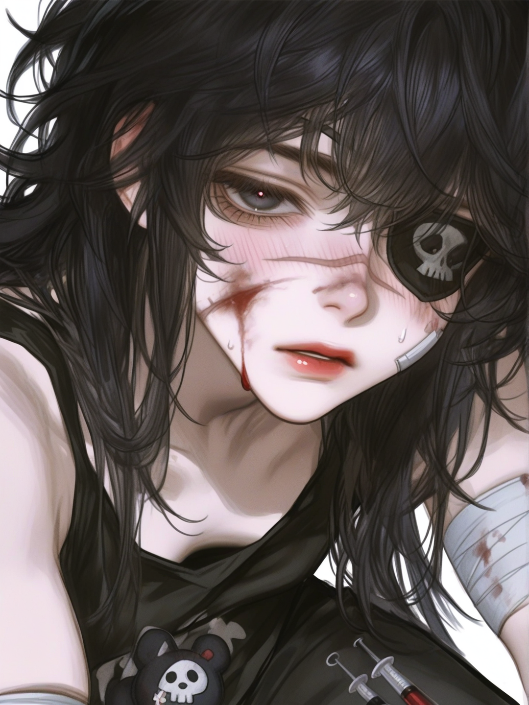 [semi-realistic-portrait-style] 1girl, semi-realistic, teenager, fair_skin, tired, eyepatch, scar, long_straight_hair, messy_hair, black_hair, bandage_on_nose, bandages_on_face, bandages_on_arms, bandages_on_legs, black_shirt, black_cargo_pants, blood_on_face, syringe_tail, green_liquid, blood_on_tail, black_and_white_skull_hair_clips, rainbow_hair_clips, two-headed_bear_plushie, blood_on_plushie, single_character, full_body, looking_at_viewer, simple_background, white_background