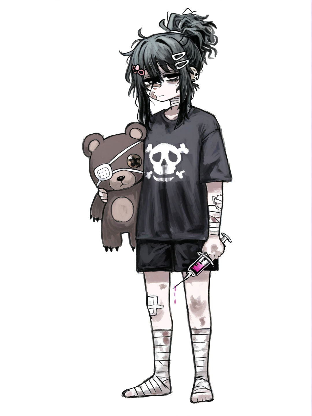 [sketchy-painterly-style] 1girl, solo, long_hair, black_hair, messy_hair, ponytail, skull_hairclip, rainbow_hairclip, half-closed_eyes, black_eyes, emotionless, tired, white_eyepatch, bandage_on_nose, bandages_on_face, arm_bandages, leg_bandages, earrings, black_shortsleeve_shirt, black_shorts, holding stuffed_bear, two-headed_bear, bloody, dirty, syringe, single character, full body, looking at viewer, simple background, white background