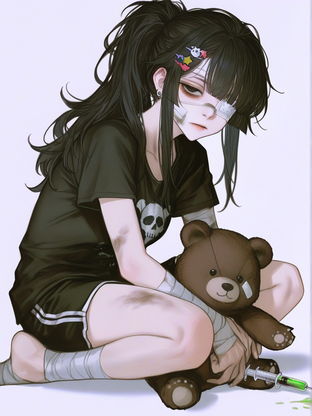 [semi-realistic-portrait-style] 1girl, solo, long_hair, black_hair, messy_hair, ponytail, skull_hairclip, rainbow_hairclip, half-closed_eyes, black_eyes, emotionless, tired, white_eyepatch, bandage_on_nose, bandages_on_face, arm_bandages, leg_bandages, earrings, black_shortsleeve_shirt, black_shorts, holding stuffed_bear, two-headed_bear, bloody, dirty, syringe, single character, full body, looking at viewer, simple background, white background