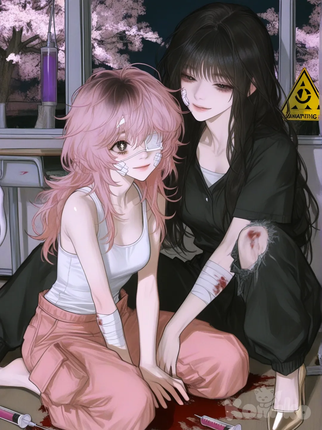 2girls, 2people, full body, night, neon lights, classroom bloody,the first girl has long ish pastel pink hair with one blue eye and one yellow eye and a white tange top with cherry blossom cargo pants white and pink with a smiling expression with happy shiny big eyes with gold high heales,and the second girl has messy black long hair with a tired expression and bandeges on side of face and nose with one white eye patch on left eye and has a black shirt with a warning sign on the black shirt and black cargo shorts has bandeges covering bith arms and legs and has lafelidded lifeless/soulless pure black voids eyes and a tail with a seringe at the end filled with blood and is slightly bloody all over body and has an emotionless expression,and both girls are sitting, [semi-realistic-portrait-style]
