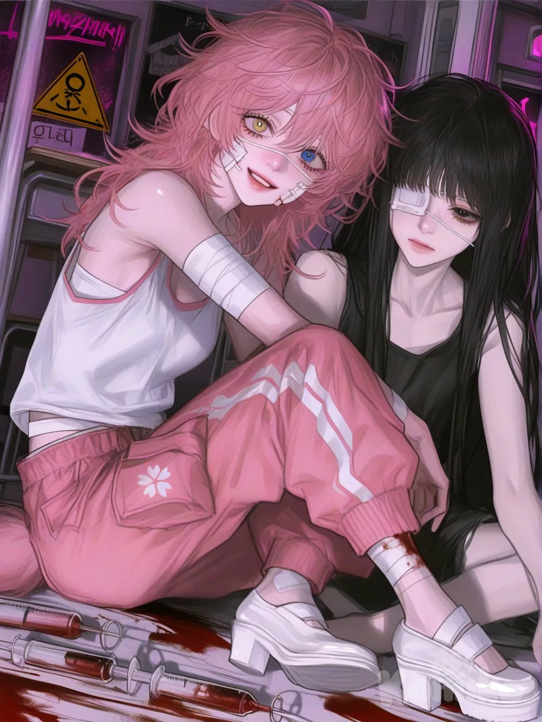 2girls, 2people, full body, night, neon lights, classroom bloody,the first girl has long ish pastel pink hair with one blue eye and one yellow eye and a white tange top with cherry blossom cargo pants white and pink with a smiling expression with happy shiny big eyes with gold high heales,and the second girl has messy black long hair with a tired expression and bandeges on side of face and nose with one white eye patch on left eye and has a black shirt with a warning sign on the black shirt and black cargo shorts has bandeges covering bith arms and legs and has lafelidded lifeless/soulless pure black voids eyes and a tail with a seringe at the end filled with blood and is slightly bloody all over body and has an emotionless expression,and both girls are sitting, [semi-realistic-portrait-style] and girl one has happy face and girl two no expression and girl one is all pink and clean with o blood on her
