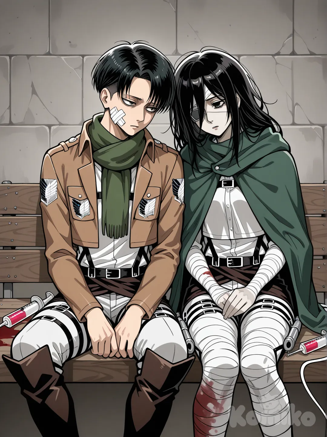 is a woman/teenager with long black messy hair an the same outfit as Levi akremen with bandeges on face both arms and both legs and has an eye patch of one eye that is white and has lifeless/soulless fully pure black eye the color part with still white on eye but no shine and has a tail with a serenge at end of tailf filled with blood and on all bandegs there's a little blood , 1boy, 1girl, 2people, @Levi_(Shingeki_No_Kyojin) is wearing Levi's jacket so he dosent have one and are sitting next to eachouther,and girl is leaning on him so I'm wearing his green cape/scarf and my apprence makes me look dead but alive and he has pants on and my shorts