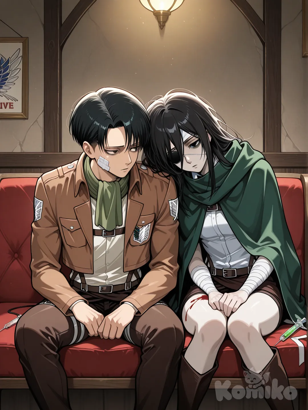 is a woman/teenager with long black messy hair an the same outfit as Levi akremen with bandeges on face both arms and both legs and has an eye patch of one eye that is white and has lifeless/soulless fully pure black eye the color part with still white on eye but no shine and has a tail with a serenge at end of tailf filled with blood and on all bandegs there's a little blood , 1boy, 1girl, 2people, @Levi_(Shingeki_No_Kyojin) is wearing Levi's jacket so he dosent have one and are sitting next to eachouther,and girl is leaning on him so I'm wearing his green cape/scarf and my apprence makes me look kinda dead but alivebecuase I'm just pail not full white and he has pants on and my shorts