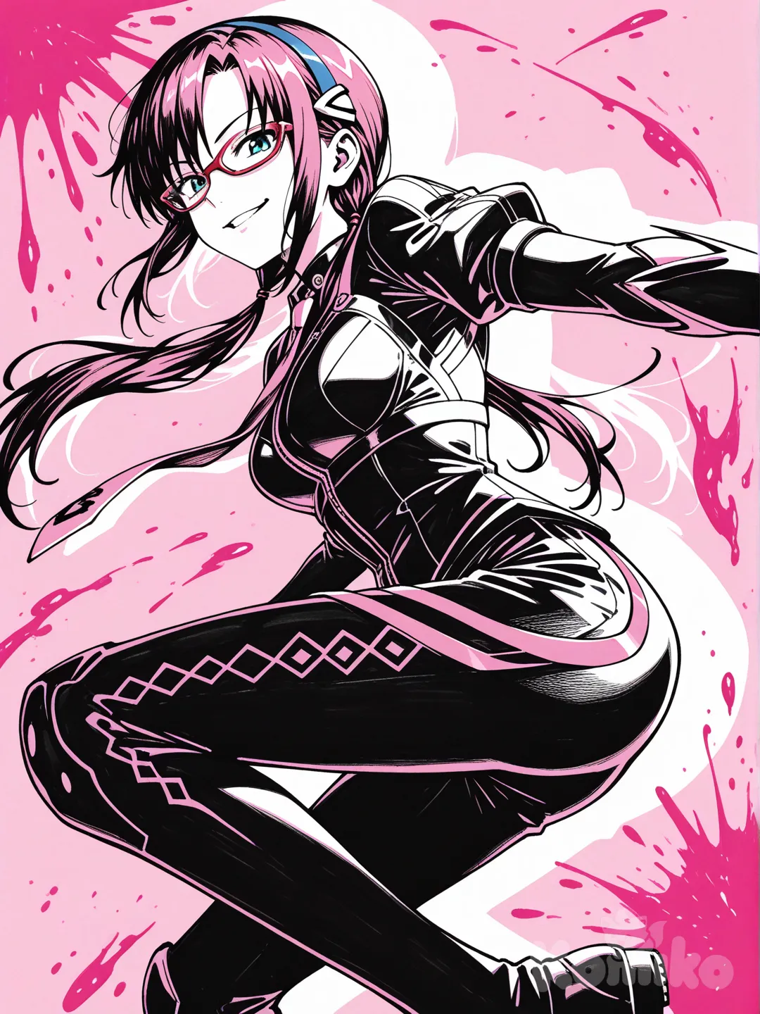 1girl, makinami_mari_illustrious, smirk, dynamic pose, dynamic angle,
sumi-e, ink wash painting, dynamic brushwork, shodo style, expressive, high contrast, heavy texture, pink ink splatter, (pink accents), monochrome