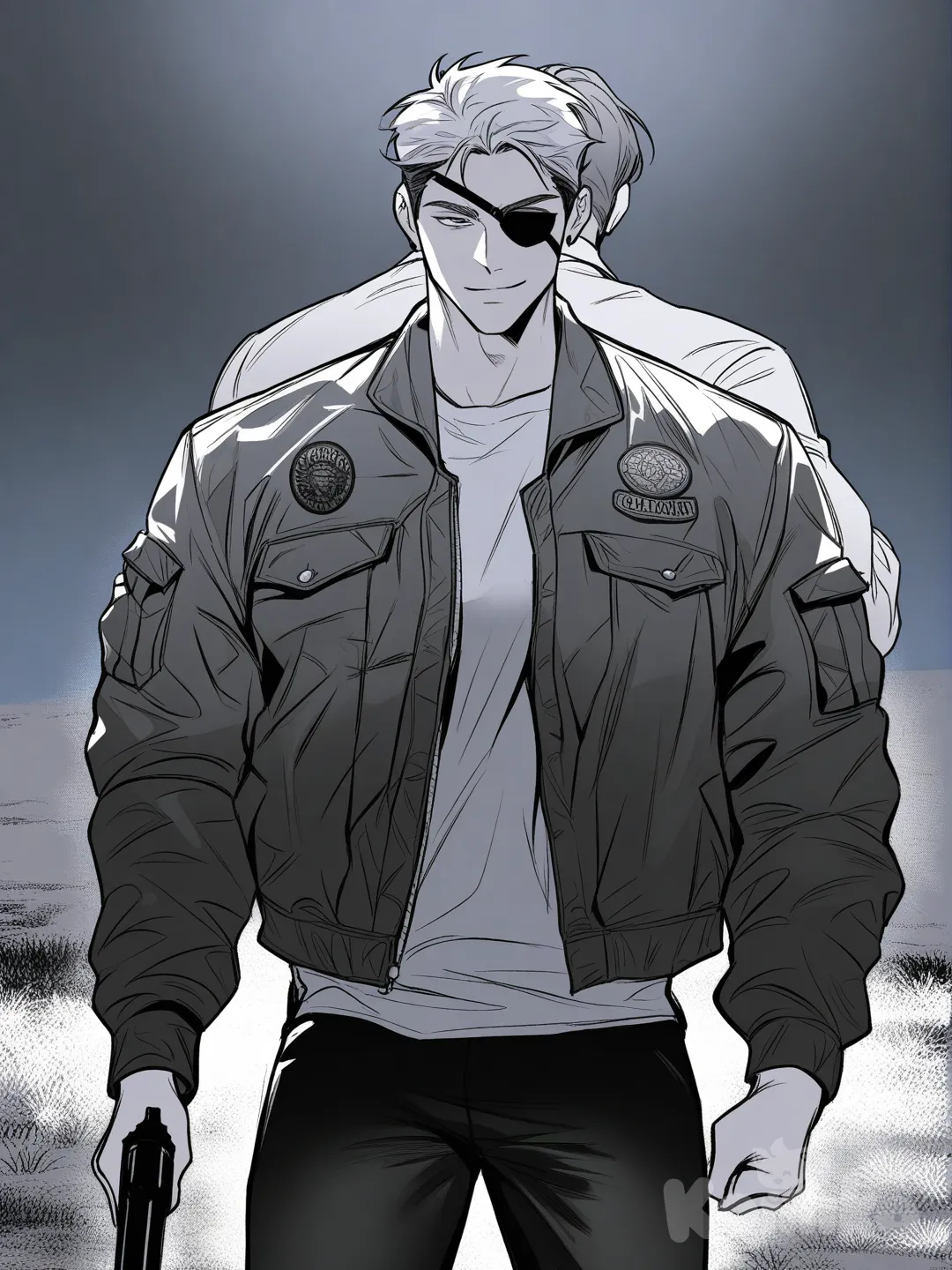 2boys, [muscular-manhwastyle], holding sword, holding gun, back to back, smirk, punk leather jacket, casual pants, down jacket, eye patch, cowboy shot, cinematic lighting, grassland