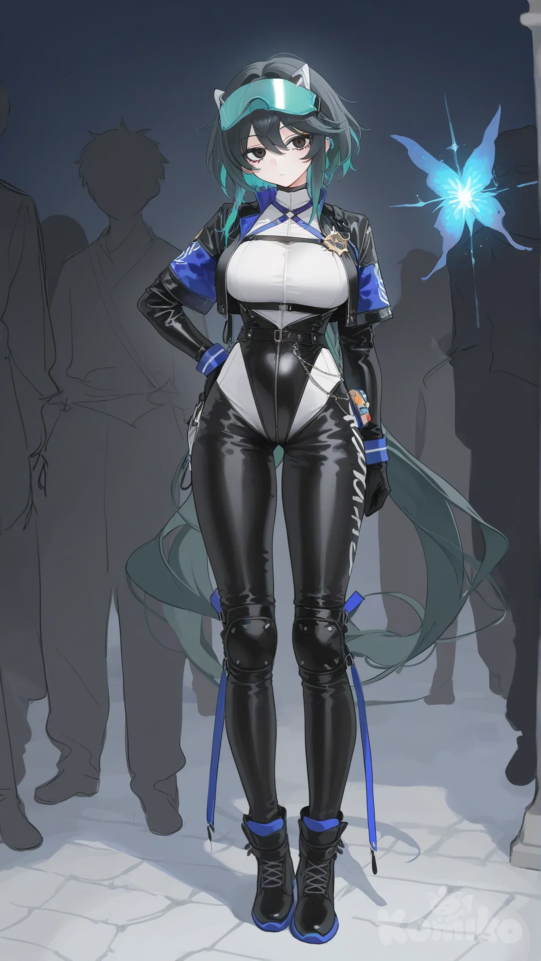 This romantic magical girl has slitted black eyes and long, wavy, luxurious, emerald hair worn in an odd style. She has a wide-hipped build. She has air powers that are invoked by songs. Her uniform is white and brown in even proportions, resembles a biker's outfit, and it includes a protective visor.

Ancient temple, blue lighting, Lazarus pit, pathway, standing, full body