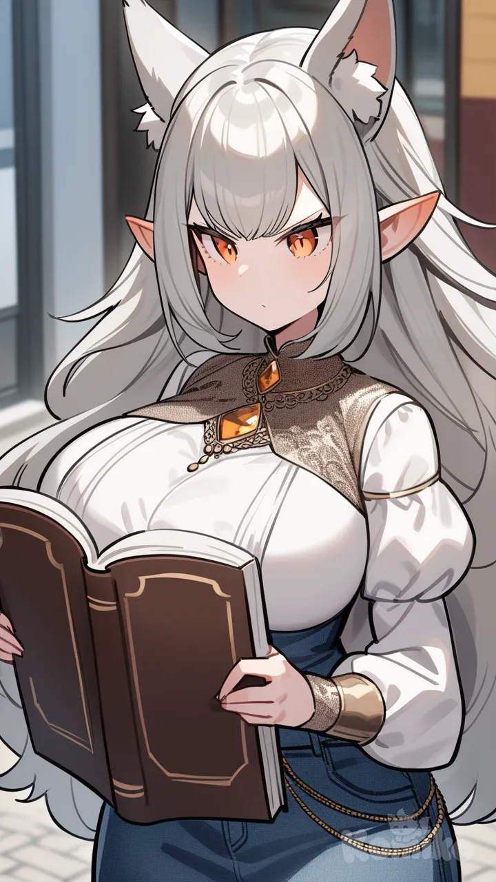 This angry catgirl has round, orange eyes. She has neck-length, luxurious, straight, gray hair worn in a precise style. Her fur is gray. She has a busty figure. Her ears are alert, pointed and close-set. She usually wears a denim skirt and a blouse. It's rare to see her without her nose in a book.

street background, daytime