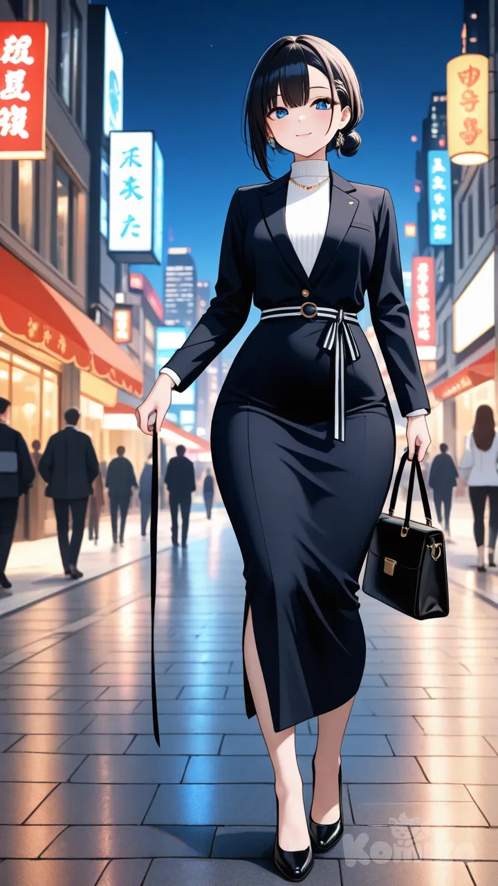 This trusting lady has almond-shaped blue eyes. Her luxurious, straight, black hair is worn in a style that reminds you of a trailing ribbon. She is short and has a lean build. Her skin is china-white. She has a strong chin and large feet. Her wardrobe is sexy.

full body, city lights, street