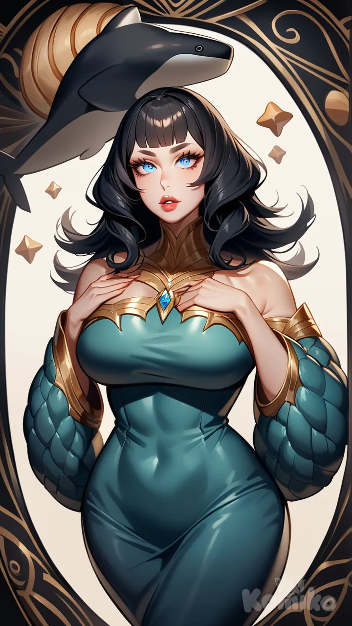 This woman puts you in mind of a playful kitten. She has almond-shaped sky-blue eyes. Her thick, straight, ebony hair is worn in a style that reminds you of a shark's fin. She is very tall and has a curvy build. Her skin is cream-colored. She has high cheekbones and full lips. Her wardrobe is severe and artistic, with a lot of brown.

fantasy background, day