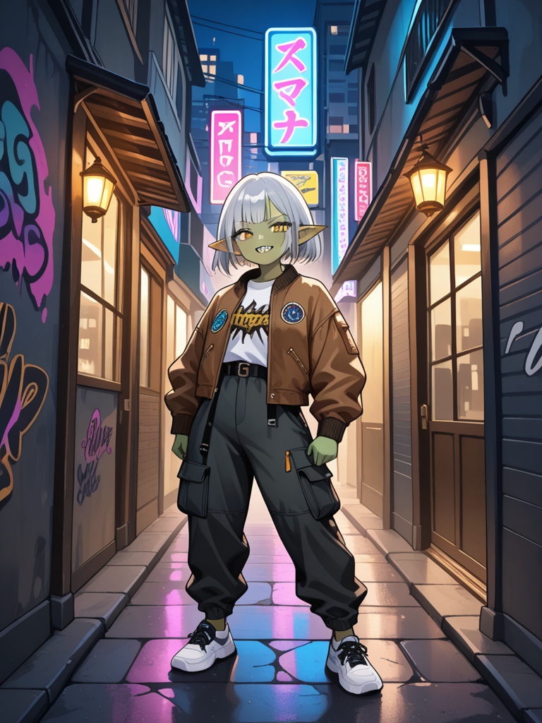 Female goblin, green skin, silver bob hair, gold eyes, wearing a bomber jacket, cargo pants, and sneakers, city alley background, no realism, fantasy art style.