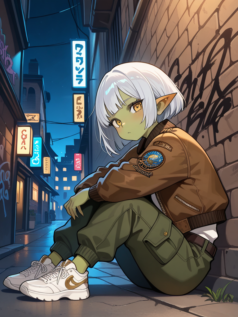 Female goblin, green skin, silver bob hair, gold eyes, wearing a bomber jacket, cargo pants, and sneakers, city alley background, no realism, fantasy art style.