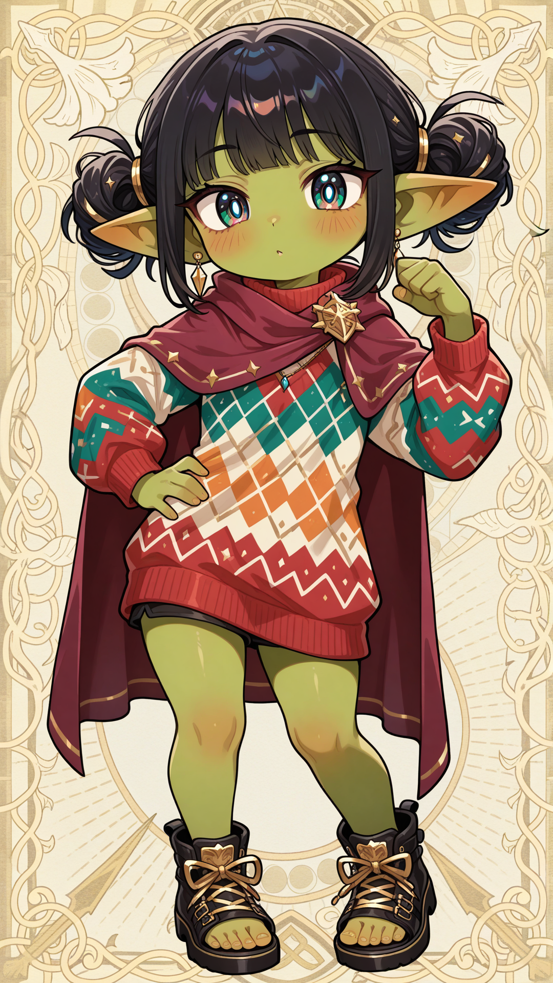 Sweet deep moss green Cape Town goblin, deep turquoise eyes, no glasses, sleek short straight black hair (different straight hairstyle variations, no hair accessories), shortstack body type, standing full body pose with one hand on hip, wearing MaXhosa brand style — elegant bold colorful geometric knitwear sweater or cardigan with intricate Xhosa-inspired patterns and gold accents, open-toe stylish shoes, full body charming yet commanding dominant/seductive pose with alluring expression in a sunny Cape Town street setting with Table Mountain.