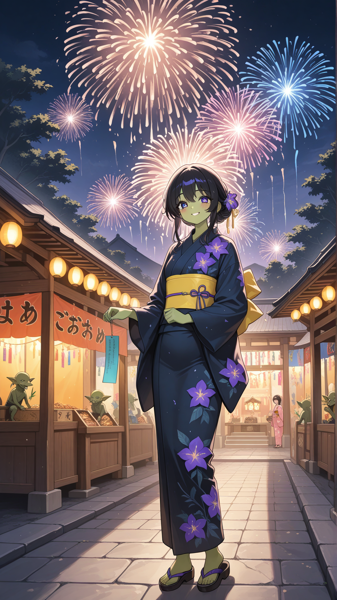 Female goblin from Japan, green skin, black hair, violet eyes, wearing a kimono-inspired outfit and sandals, shrine background, no realism, fantasy art style. nightime festival, Japan, Tanabata, fireworks, standing, smile