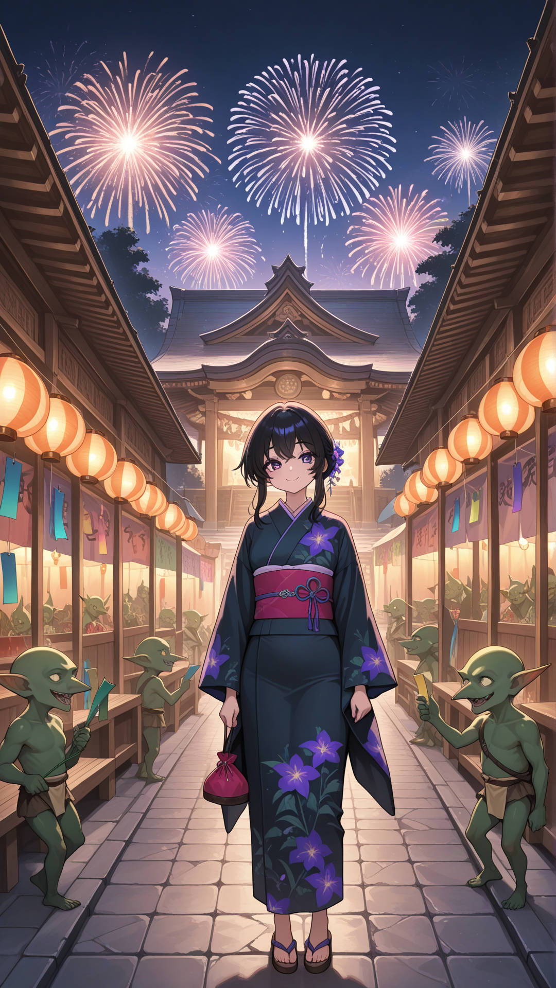Female goblin from Japan, green skin, black hair, violet eyes, wearing a kimono-inspired outfit and sandals, shrine background, no realism, fantasy art style. nightime festival, Japan, Tanabata, fireworks, standing, smile