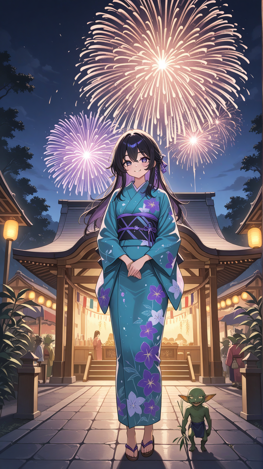 Female goblin from Japan, green skin, black hair, violet eyes, wearing a kimono-inspired outfit and sandals, shrine background, no realism, fantasy art style. nightime festival, Japan, Tanabata, fireworks, standing, smile