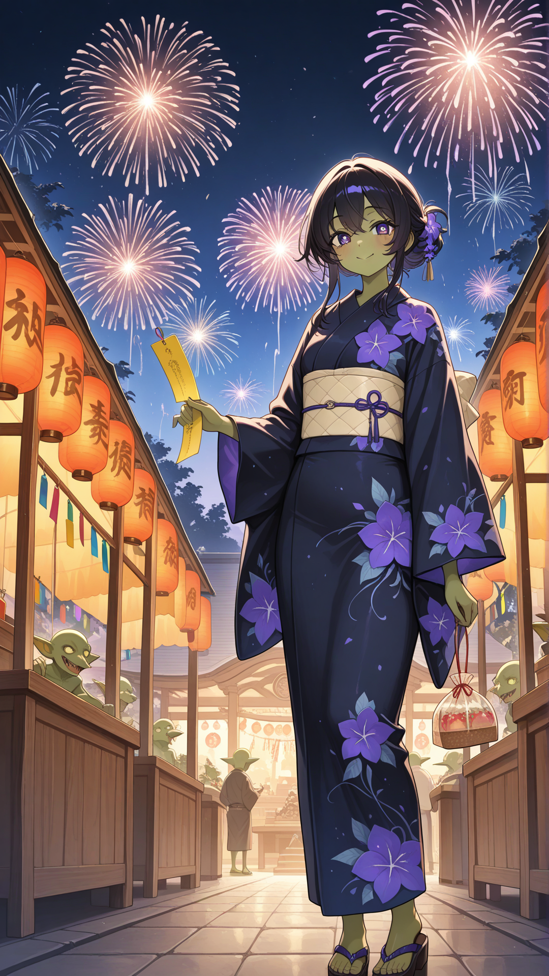 Female goblin from Japan, green skin, black hair, violet eyes, wearing a kimono-inspired outfit and sandals, shrine background, no realism, fantasy art style. nightime festival, Japan, Tanabata, fireworks, standing, smile