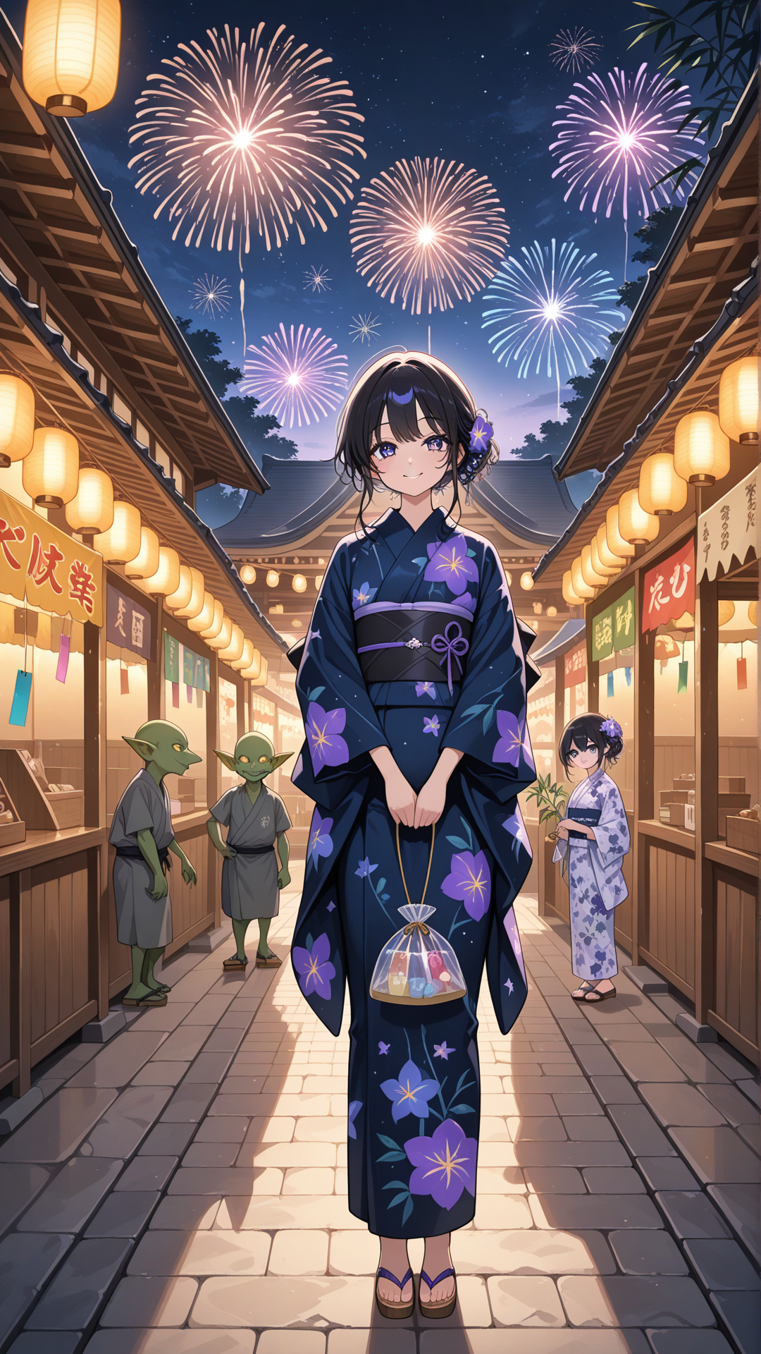 Female goblin from Japan, green skin, black hair, violet eyes, wearing a kimono-inspired outfit and sandals, shrine background, no realism, fantasy art style. nightime festival, Japan, Tanabata, fireworks, standing, smile