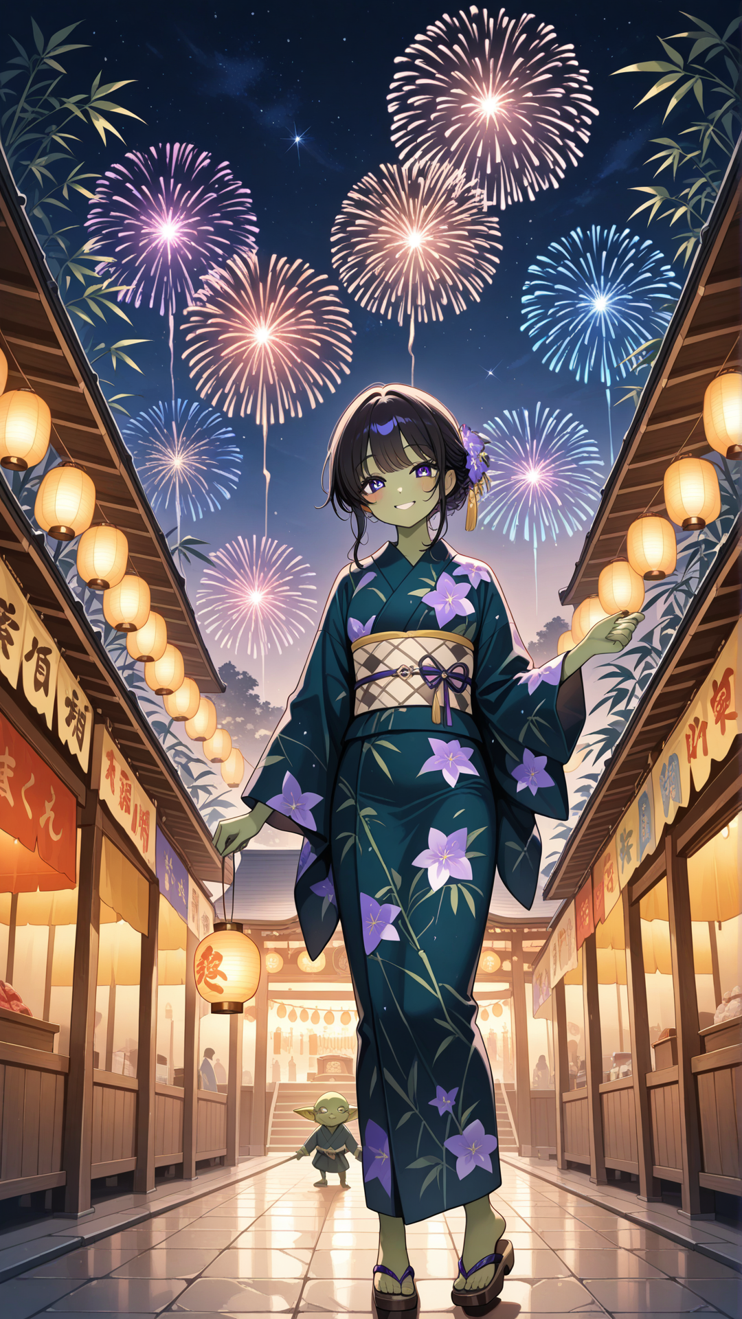 Female goblin from Japan, green skin, black hair, violet eyes, wearing a kimono-inspired outfit and sandals, shrine background, no realism, fantasy art style. nightime festival, Japan, Tanabata, fireworks, standing, smile