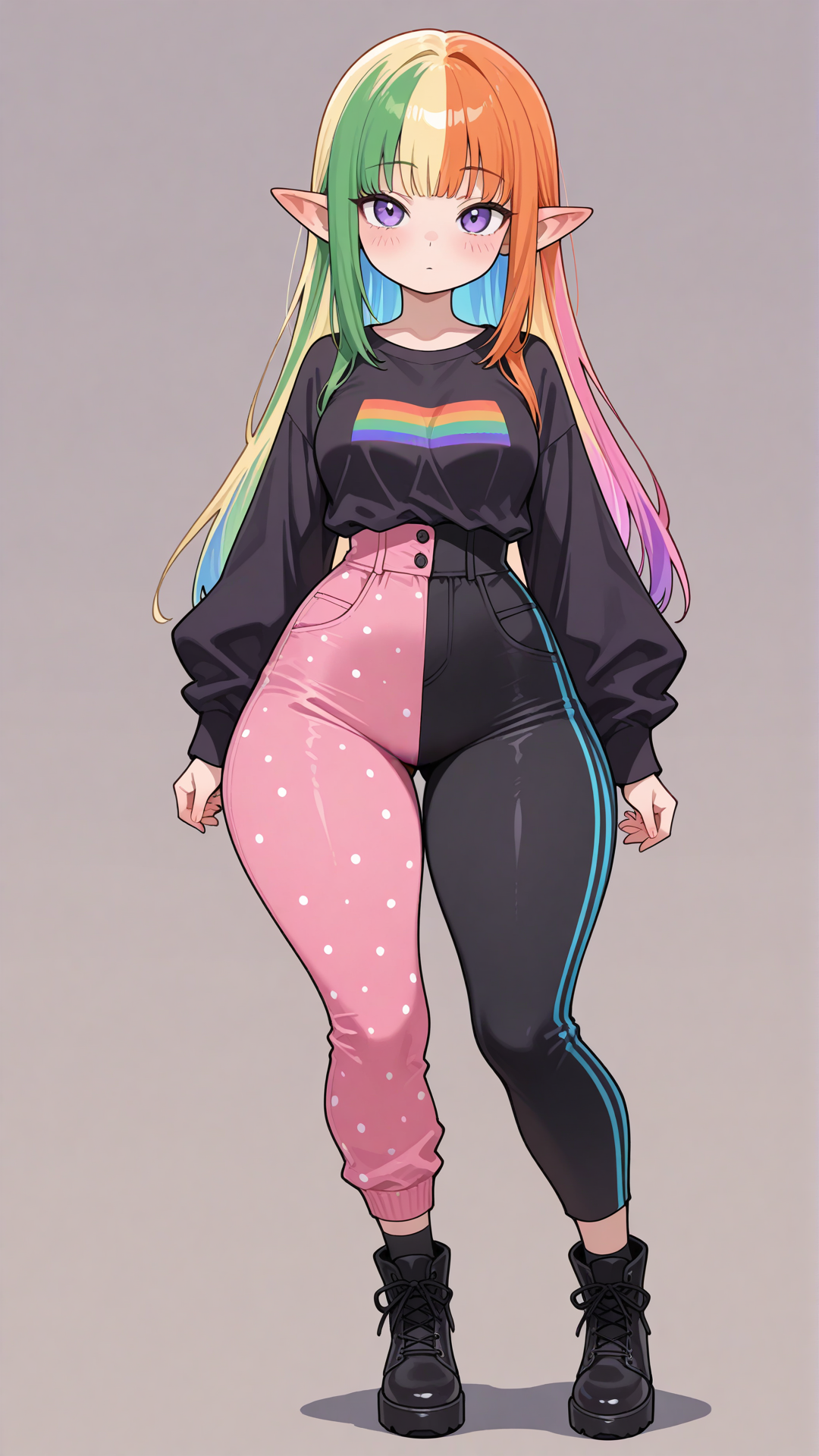 Full-body view of a shortstack female halfling with warm peachy skin, small pointed ears, and long straight rainbow hair, standing and looking at the viewer. She wears a colorful rainbow-striped button-up shirt with black base and diagonal stripes in purple, blue, green, orange, and pink, paired with high-waisted split flare pants (left side hot pink with large black polka dots, right side black with large pink polka dots) and simple black ankle boots. Full body, no realism, fantasy art style, fantasy character.