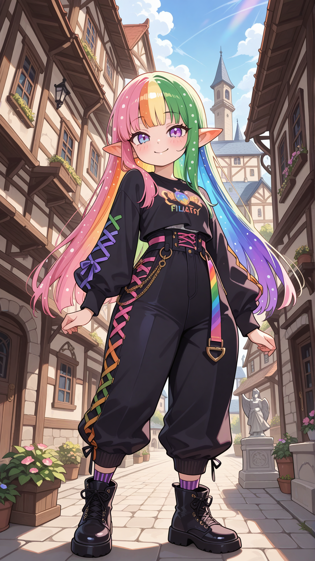 Full-body view of a shortstack female halfling with warm peachy skin, small pointed ears, and long straight rainbow hair, standing and looking at the viewer. She wears a colorful rainbow-striped button-up shirt with black base and diagonal stripes in purple, blue, green, orange, and pink, paired with high-waisted split flare pants (left side hot pink with large black polka dots, right side black with large pink polka dots) and simple black ankle boots. Full body, no realism, fantasy art style, fantasy character, smile, village, daytime, building, statue