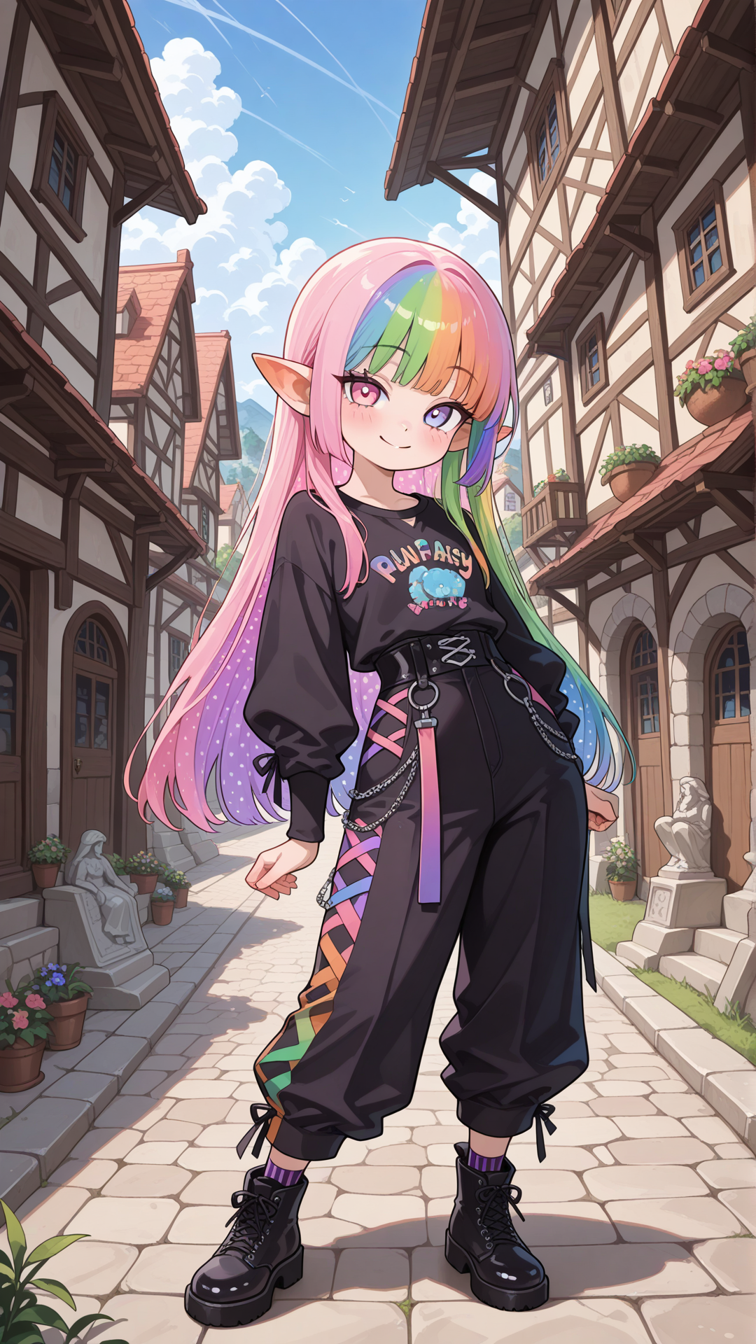 Full-body view of a shortstack female halfling with warm peachy skin, small pointed ears, and long straight rainbow hair, standing and looking at the viewer. She wears a colorful rainbow-striped button-up shirt with black base and diagonal stripes in purple, blue, green, orange, and pink, paired with high-waisted split flare pants (left side hot pink with large black polka dots, right side black with large pink polka dots) and simple black ankle boots. Full body, no realism, fantasy art style, fantasy character, smile, village, daytime, building, statue